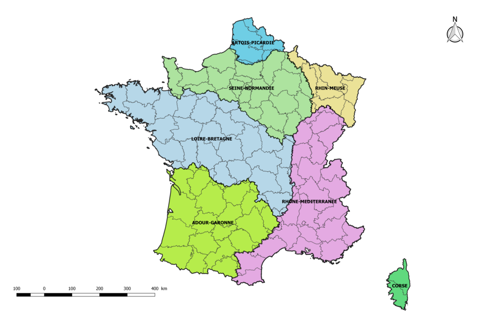 Carte des bassins hydrographiques français, base des écorégions de Mélenchon